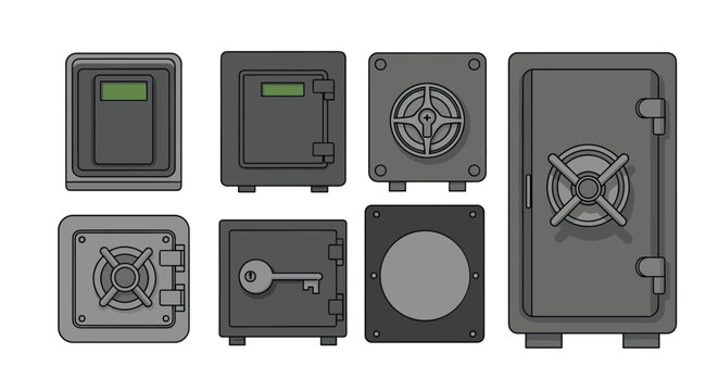 Diverse collection of eight metal safes and vaults in various sizes and locking mechanisms such as keys, dials, and electronic pads.