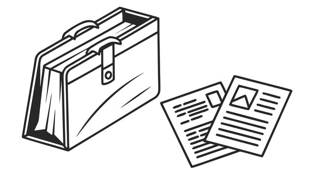 A simple line drawing of a briefcase and papers on a white background