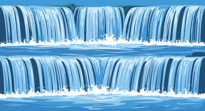 Wide cascading waterfall illustration with multiple tiers and blue water falling into foaming waves under a clear sky background.