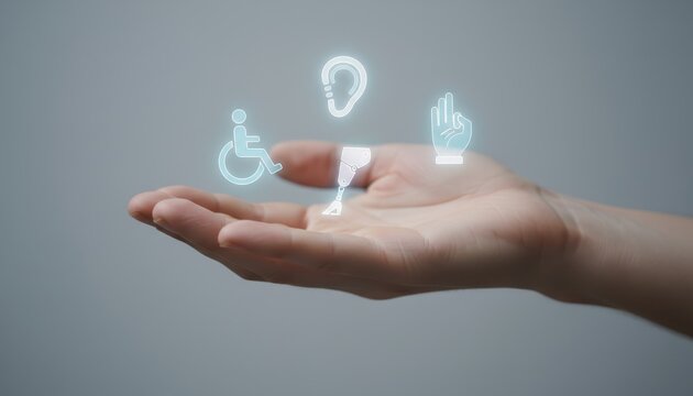 Embracing accessibility with an open hand illuminated by symbols of inclusion