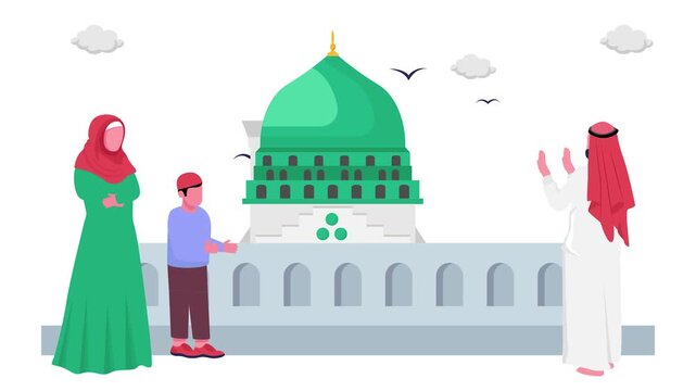 Muslim Arabic Family Going to Visit Prophets City Mosque animation, Rawdah Sharif of Al-Masjid an-Nabawi with pilgrimages animated video, ramadan and Eid al-Fitr clip, Muslim fasting month footage