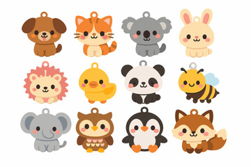 Fototapeta premium Set of Cute Kawaii Animal Charms Vector Illustration Featuring Dog, Cat, Koala, Rabbit, Hedgehog, Duck, Panda, Bee, Elephant, Owl, Penguin, and Fox for Jewelry Design, Crafts, and Keychain Making