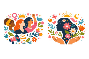 Fototapeta premium Set of Women's Empowerment and International Women's Day Vector Illustrations Featuring Diverse Female Characters, Floral Silhouettes, Megaphone, and Feminist Symbols for Equality and Self-Care
