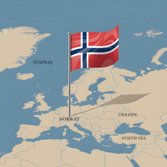 Fototapeta premium Map of Norway with Flag, Highlighting Scandinavian Country Location in Europe