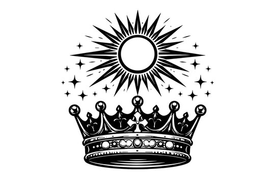 High contrast black and white vector illustration of a royal crown with a radiant sun and celestial stars, minimalist ink design for tattoos, prints, apparel, and artistic graphic projects.
