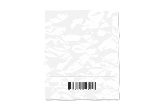 Realistic vector illustration of a crumpled blank white paper receipt with a dashed cut line and a barcode at the bottom, isolated on a white background for retail, shopping, and business design.