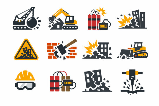 Demolition and Construction Icon Collection with Wrecking Ball, Excavator, Dynamite, Building Explosion, Bulldozer, Jackhammer, Sledgehammer, and Safety Equipment in Simple Flat Vector Design