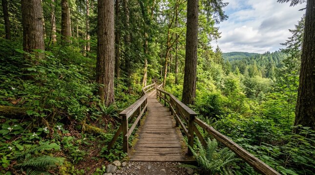 Wooden walkway through lush green forest with tall trees and ferns