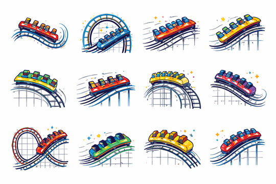 Vibrant roller coaster cart icons set for amusement park graphics. Thrilling ride symbols with colorful carts on tracks, loops, and hills. Ideal for speed, fun, and adventure-themed projects.