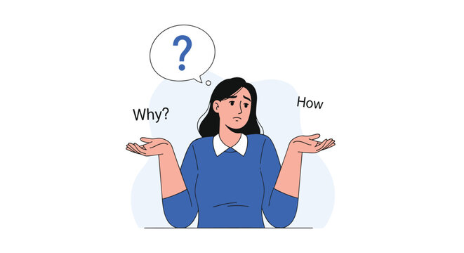 Confused woman with a question mark in a thought bubble shrugging her shoulders while asking why and how to find answers.