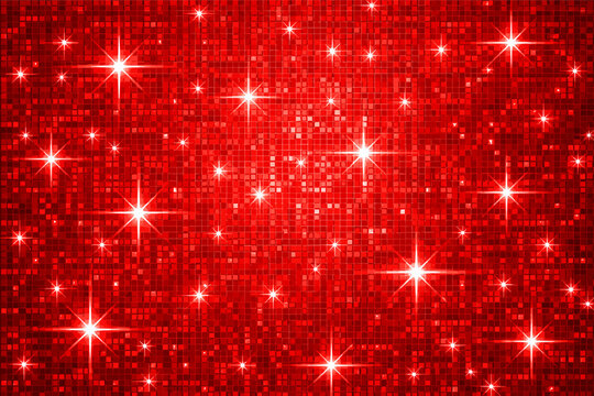 Red Disco Ball Mosaic Pattern with White Star Flares. Shimmering Sequin Tiles Grid Texture on Scarlet Background. Festive Sparkling Glitter Vector Illustration for Party, Christmas, and Celebration.
