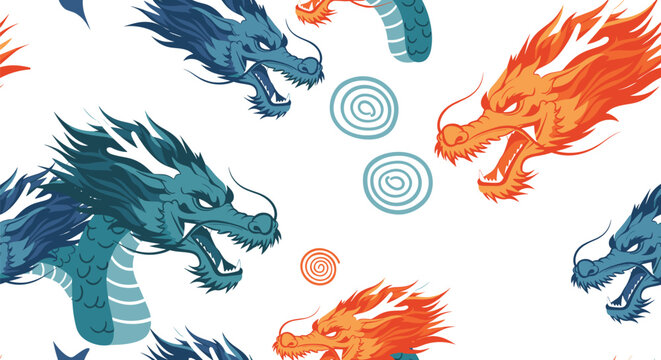Seamless pattern featuring traditional blue and red Asian dragons with swirling clouds on a clean white background for cultural art.