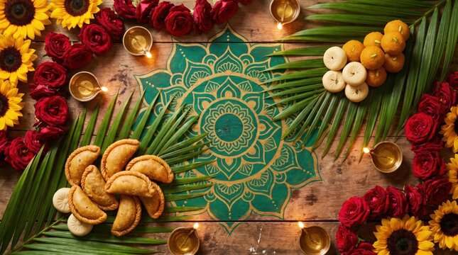 Traditional Indian festive sweets gujiya and laddu with lit diyas and flowers for Diwali