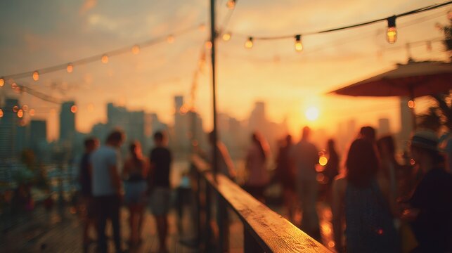 Summer solstice rooftop scene at sunset with silhouettes and soft urban bokeh