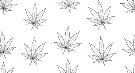 Fototapeta premium Detailed line art cannabis leaves seamless pattern on a white background for sophisticated botanical and medicinal branding.