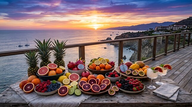 Pesta Buah Tropis Segar di Tepi Pantai saat Matahari Terbenam yang Menakjubkan, Sajian Segar Penuh Warna