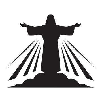 Jesus Christ silhouette with rays of light from heaven above clouds on white background.
