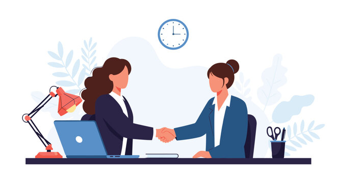 Professional businesswomen shaking hands after successful interview or partnership deal in office setting with laptop and clock.