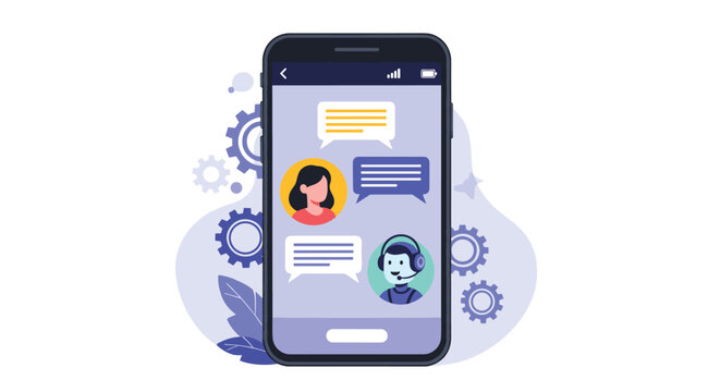 Mobile phone screen displaying online customer support or messaging app with male and female avatars and chat bubbles.