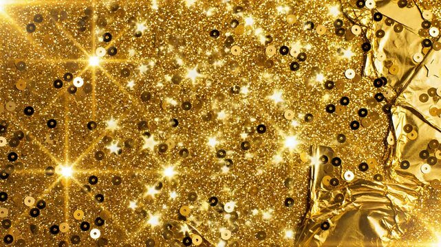 Sparkling Gold Sequins and Glitter Background with Starburst Highlights.