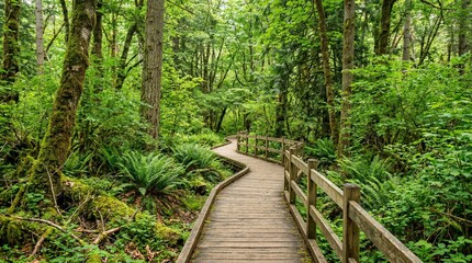Fototapeta premium Serene Forest Boardwalk Path Winding Through Lush Green Nature