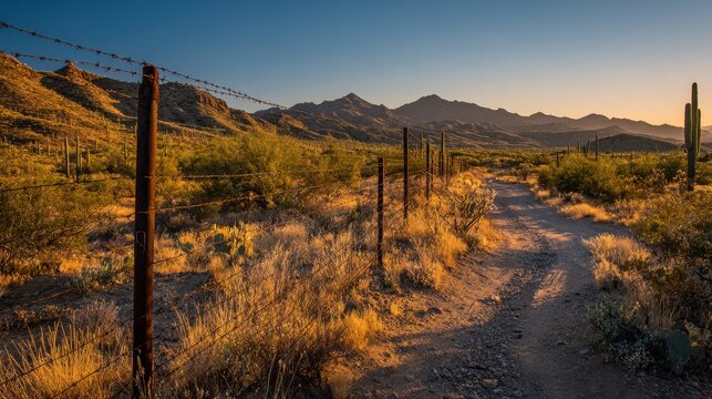 Sunset over a desert barrier with a watchtower near the border