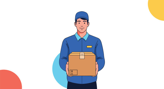 Friendly delivery man in blue uniform and cap holding cardboard package box for courier service advertisement.