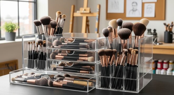 Extensive makeup brush collection neatly stored in clear acrylic drawers and organizers on a vanity.