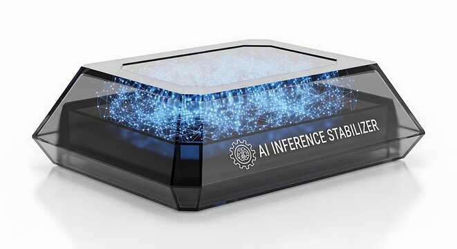AI inference stabilizer device with glowing blue circuitry inside a transparent glass or acrylic casing