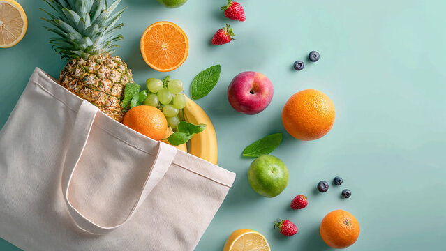 Eco tote bag with fruits flat lay on teal background