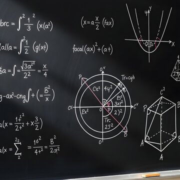 Complex mathematical equations and geometric shapes on a dark blackboard illustrating advanced scientific concepts