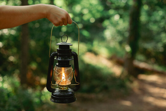 Hand holding an oil lantern while looking down a forest trail