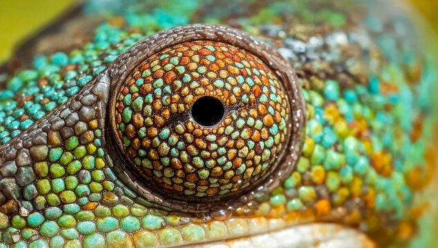 Extreme macro close-up of a colorful chameleon eye showing detailed scales and skin texture