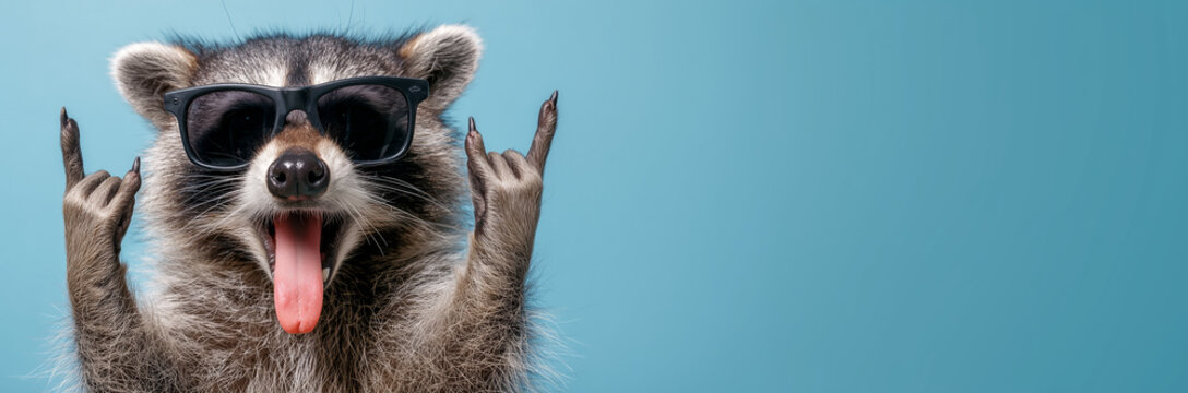 Smiling funny animal concept raccoon wearing sunglasses showing rock gesture with paws and loose tongue against blue background with copy space.