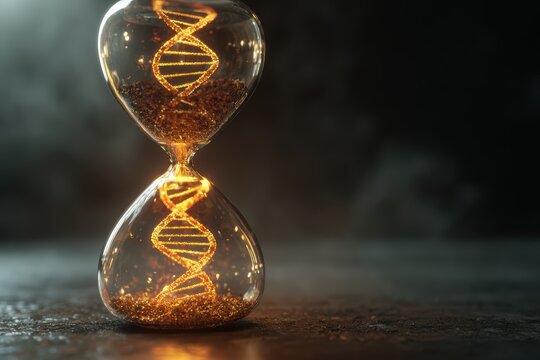 DNA Hourglass: Capturing the essence of time, a mesmerizing hourglass features a golden double helix of DNA, symbolizing the genetic code of life's intricate dance.