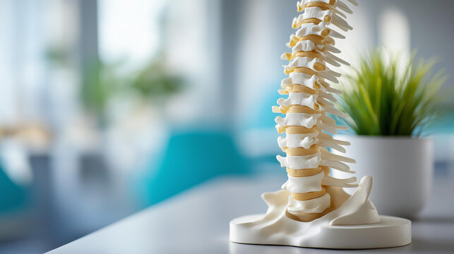Close-up of a spine anatomical model on a clinic desk during a patient consultation, spinal health education concept, orthopedic office photography, with copy space