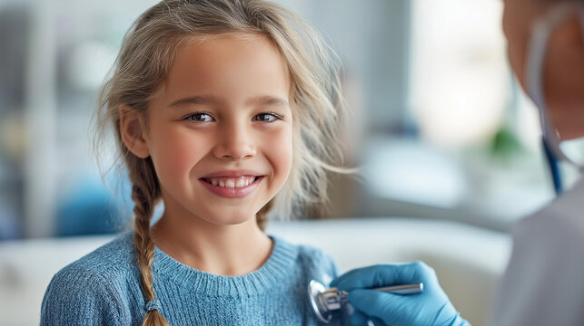 Young girl in a clinic having a checkup with an orthopedist, pediatric bone health concept, child medical appointment photography, defocused background, with copy space