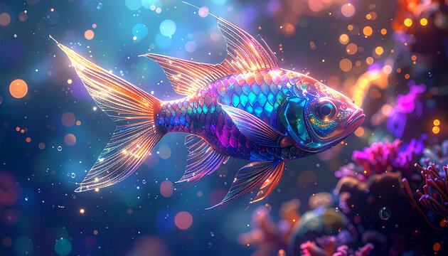 Vibrant iridescent fish swims through dreamy ocean scene with colorful light particles and coral reef