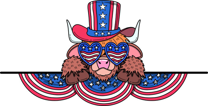 Patriotic Highland Cow Border Decoration Illustration