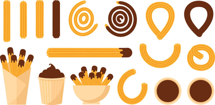 Churros Dessert Icon Set Featuring Chocolate Dipped Spanish Pastry, Sweet Snacks, Cups, and Swirls in Delicious Flat Vector Illustration Style