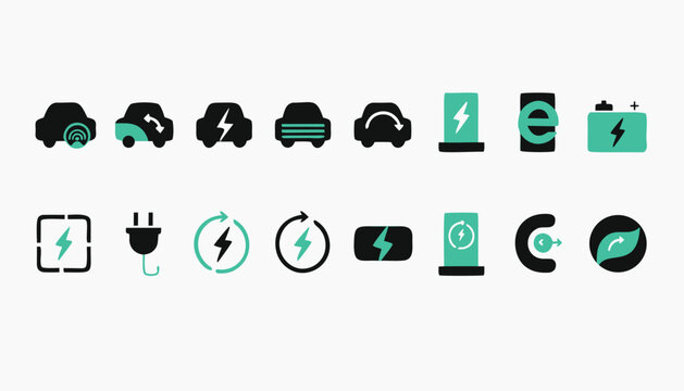 Electric vehicle and energy icons charging symbols and battery motifs e mobility charge point battery icon plug icon leaf icon green energy electric charging electricity lightning