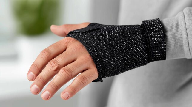 Close-up of a hand contused in a stabilizer brace, injury support and orthopedic treatment concept, medical detail photography, with copy space
