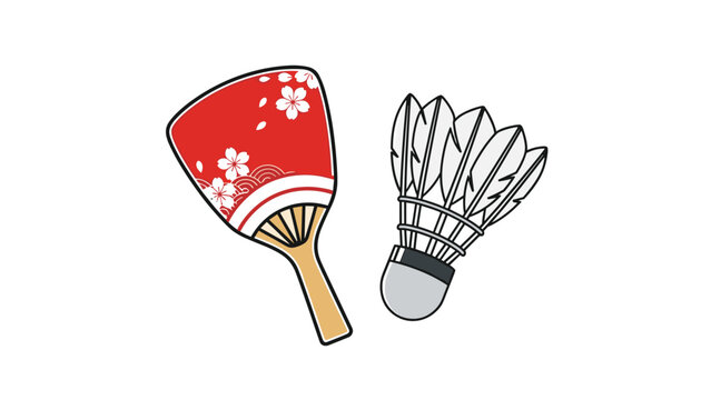 Traditional Japanese New Year game equipment featuring a red decorated hagoita paddle and a white feathered shuttlecock.