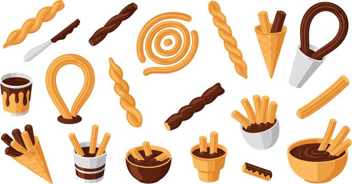 Churros Dessert Icon Set Featuring Chocolate Dipped Spanish Pastry, Twisted Dough Sticks, Cups, and Sweet Snack Elements Flat Vector Illustration