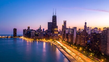 Fototapeta premium Aerial view of a city skyline at dusk, with buildings illuminated, overlooking a body of water. Lights stretch along a road