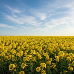 Obraz premium A beautiful wide horizontal landscape view of brilliant yellow blooming flowers stretching endlessly under bright sunshine ,bright ,yellow ,energy