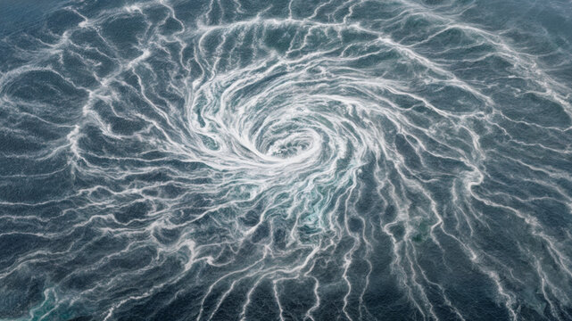 Aerial view of a huge oceanic vortex with white-capped swirling waves and turbulent churning water surrounded by concentric bands of chaotic sea spray