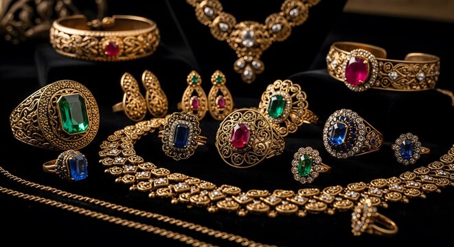 A collection of gold jewelry with colorful gemstones on display