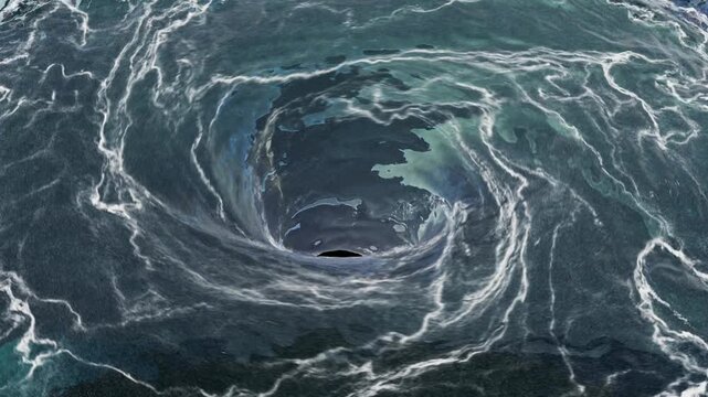 Close up of a water vortex turning fast with turbulences and a hole in the center on a black floor