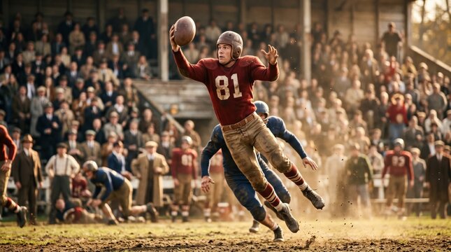 Vintage 1920s American Football Player Catching Ball on Muddy Field with Crowd